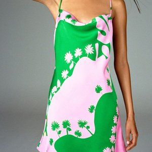 NWT Zara Pink & Green Matisse Print Satin Short Slip Dress